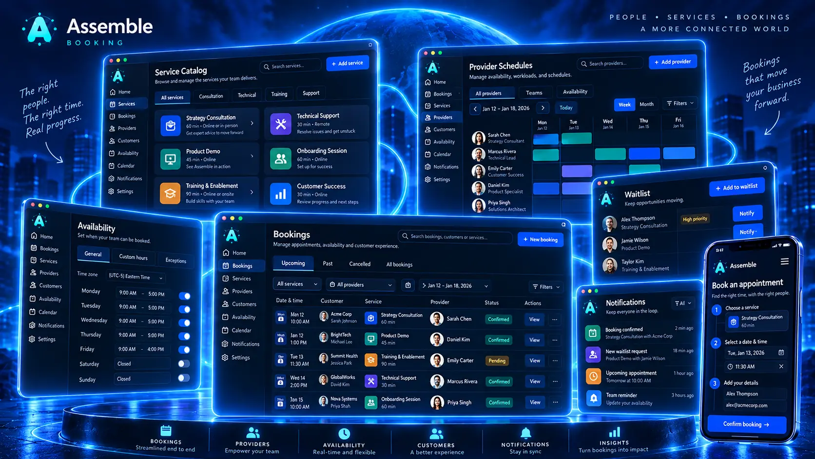 Assemble Booking product view with desktop and mobile appointment booking, providers, services, availability, and waitlist